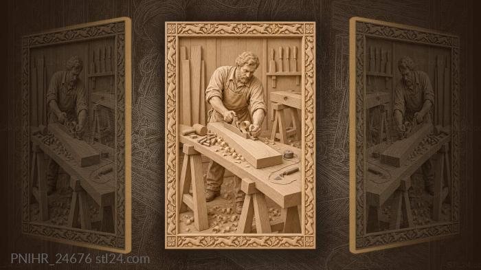 Carpenter planes a door plank on trestles 3d STL model