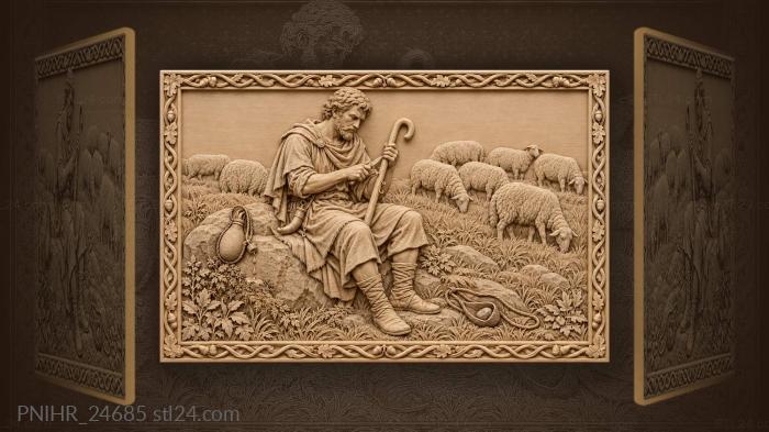 Shepherd crafting crook with grazing sheep 3d STL model
