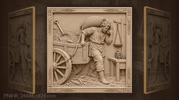 Porter unloading grain sack from cart 3d STL model