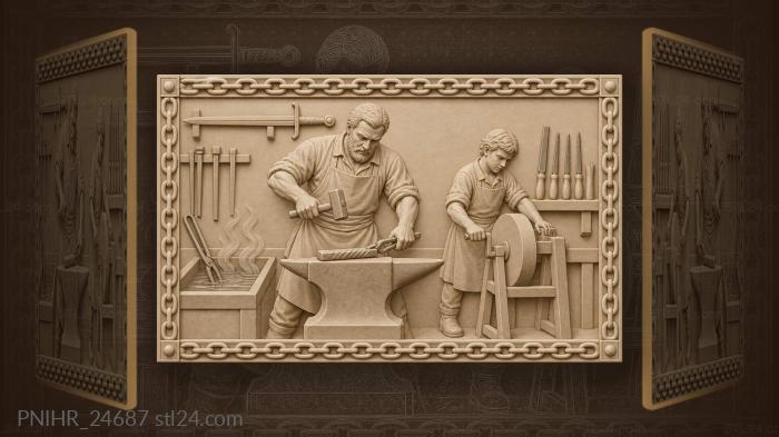 Swordsmith folds steel beside grinding apprentice 3d STL model