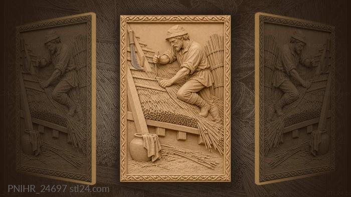 Thatcher sews reeds onto the roof lath 3d STL model