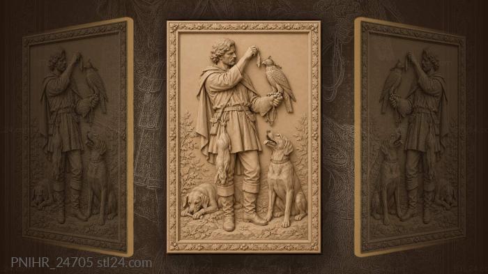 Falconer with peregrine and hunting dogs 3d STL model