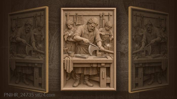 Armorer sharpening axe apprentice polishing shield 3d STL model