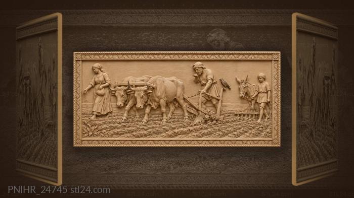 Ploughman driving oxen along the furrow 3d STL model