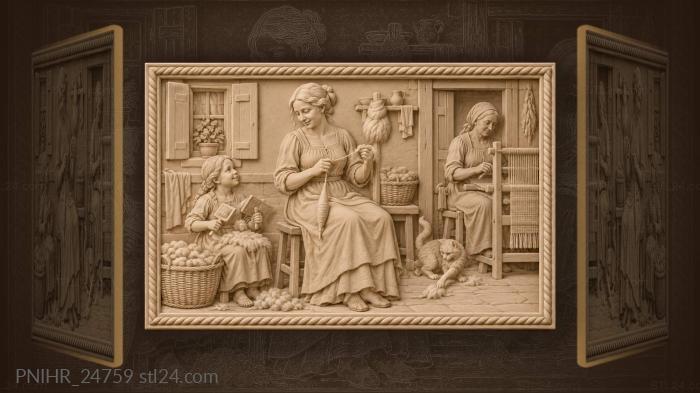 Housewife spinning while a neighbour weaves 3d STL model