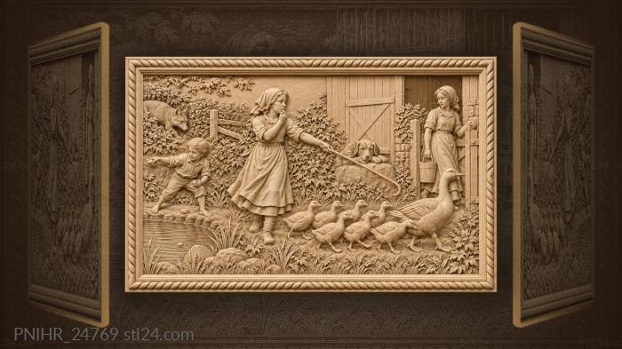 Goose girl with flock and fox 3d STL model