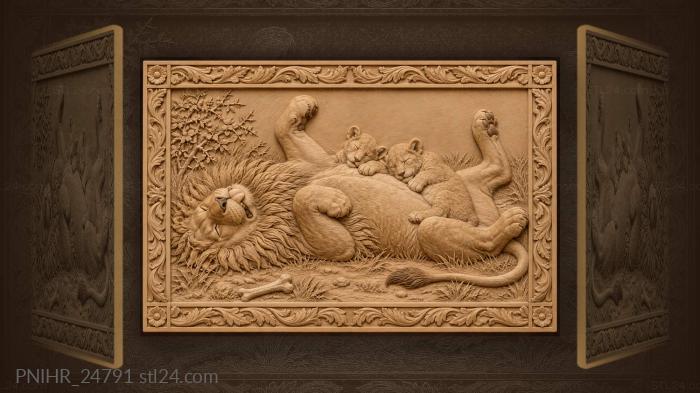 Lion sprawled belly up beside dozing cubs 3d STL model
