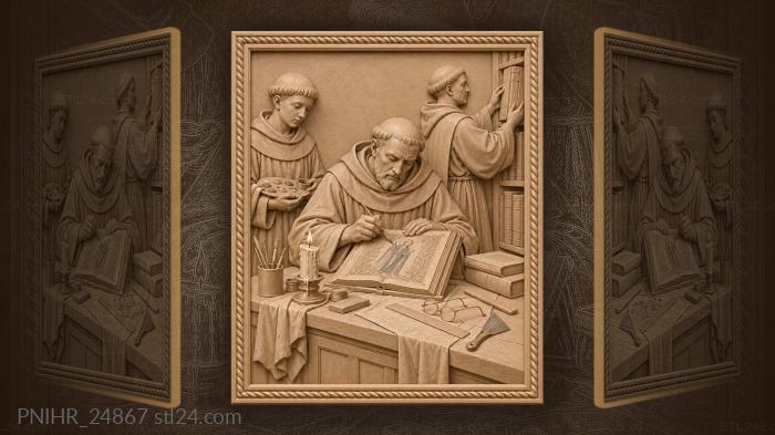 Monk illuminating manuscript ancient library 3d STL model
