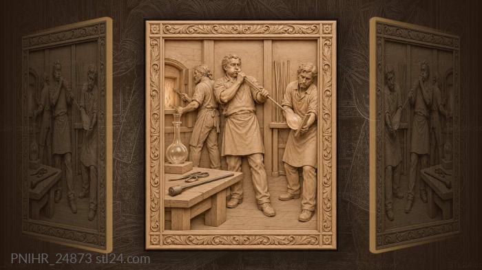 Assistants help glassblower shape glowing bulb 3d STL model