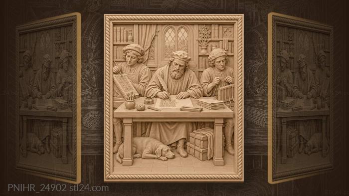 Medieval scriptorium calligraphy bookbinding scene 3d STL model