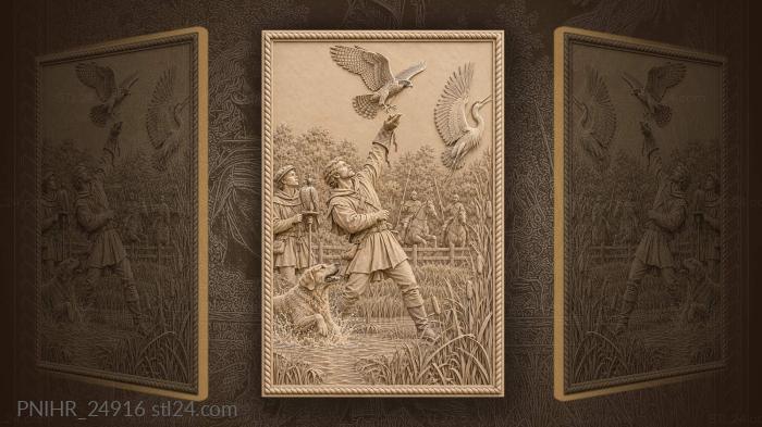 Falconer releasing peregrine with hunting dog 3d STL model