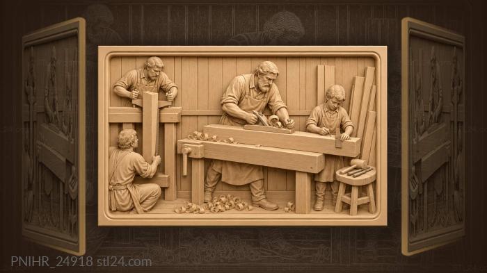 Workshop scene with woodworkers crafting lumber 3d STL model