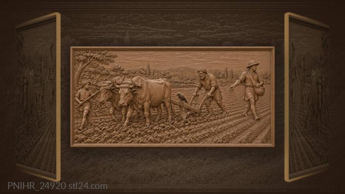 Farmer plowing field with oxen boy 3d STL model