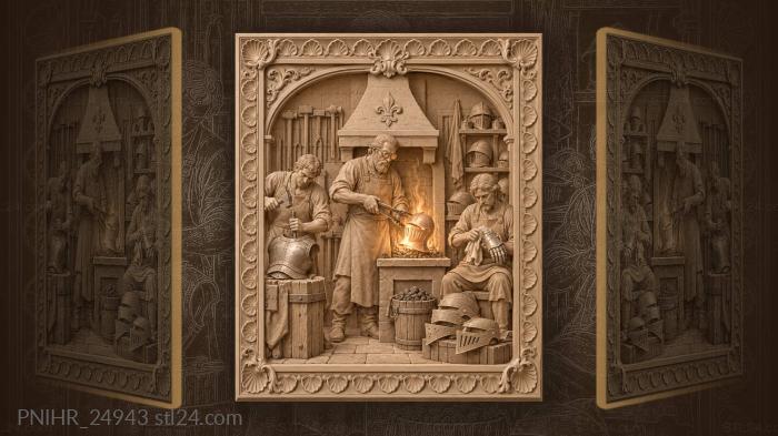 Armourer turning a glowing helm over coals 3d STL model
