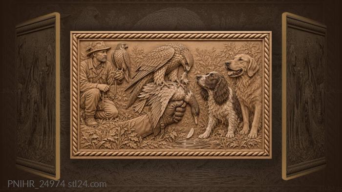 Falconry hunt with spaniel and duck 3d STL model