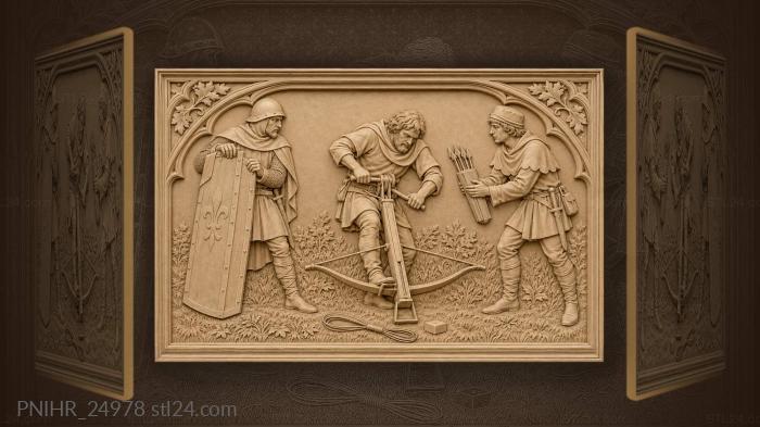 Crossbowman cranking windlass beside tall shield 3d STL model
