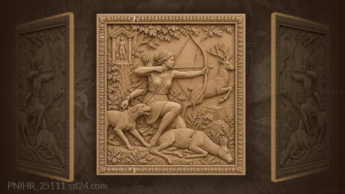 Crouching huntress draws bow as hound strains 3d STL model