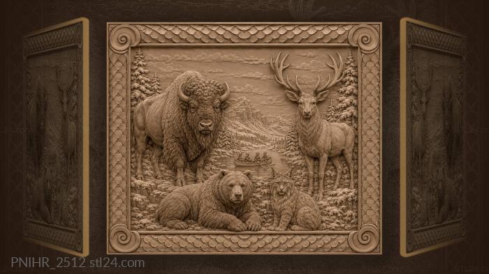 Bison and stag above the snowy river 3d STL model