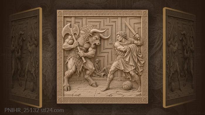Minotaur with double axe against raised sword 3d STL model