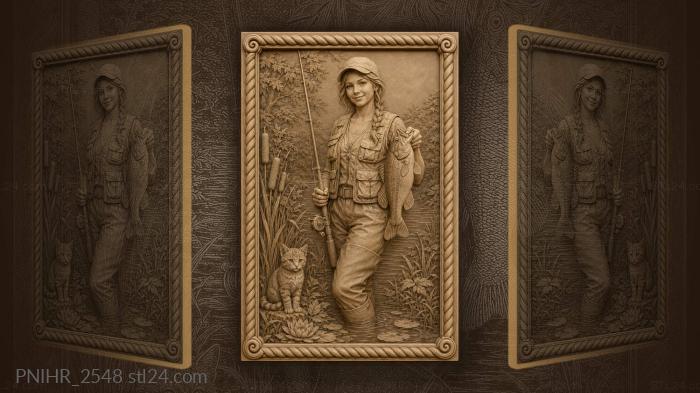 Girl with catch and playful kitten 3d STL model