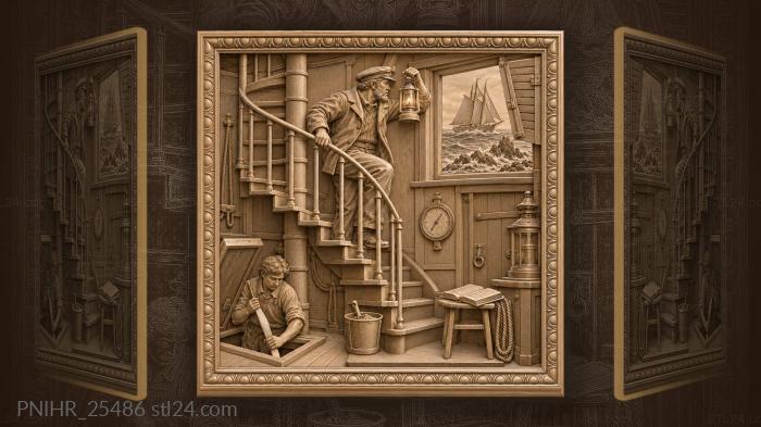 Lighthouse keeper and approaching schooner storm 3d STL model