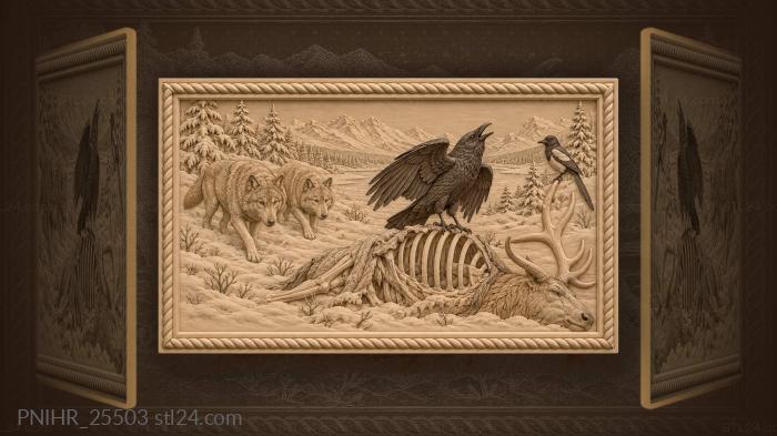 Raven elk wolves winter scene 3d STL model