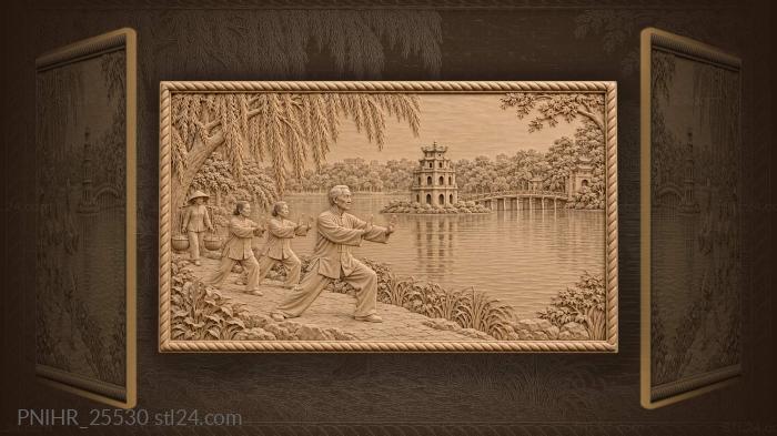 Elders practising tai chi by the lake 3d STL model