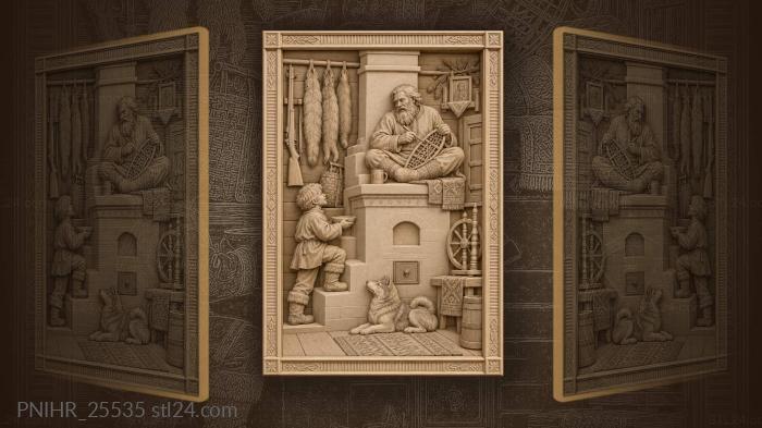 Siberian hunter mending snowshoe with grandson 3d STL model