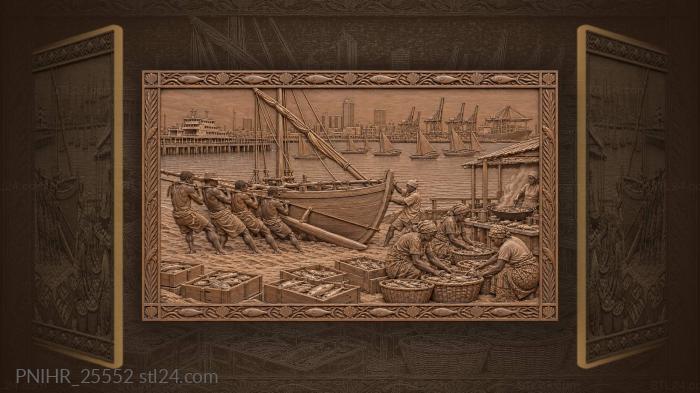 Crew hauling an outrigger up the sand 3d STL model
