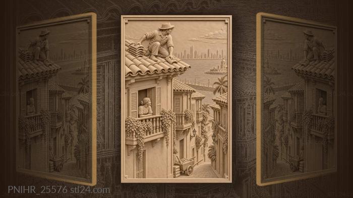 Roofer reaches toward stacked tiles 3d STL model