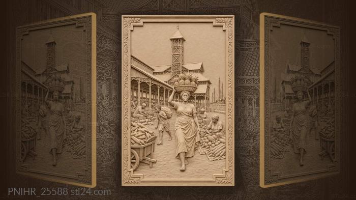 Woman carries pineapples beneath the market clock 3d STL model