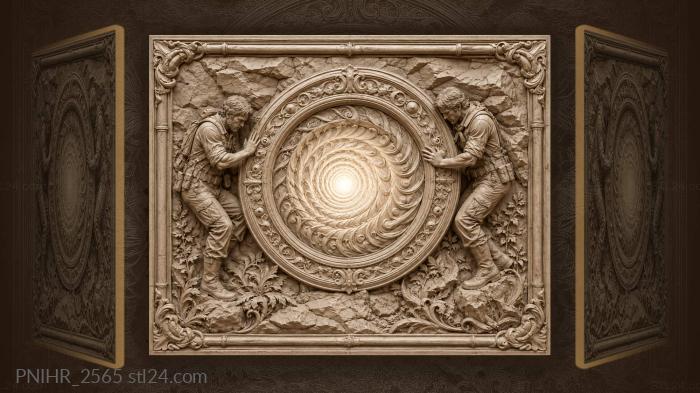 Two explorers heave a glowing portal 3d STL model
