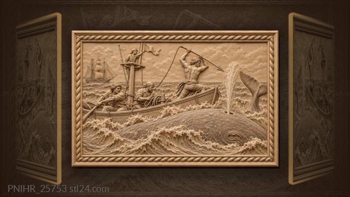 Raised harpoon threatens whale beside shallop 3d STL model