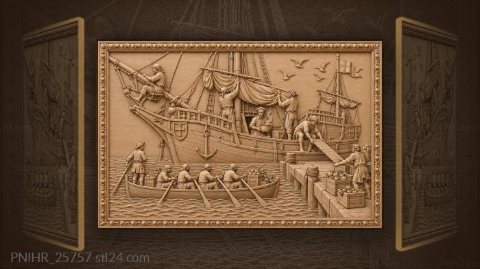 Caravel anchors while sailors furl mainsail 3d STL model