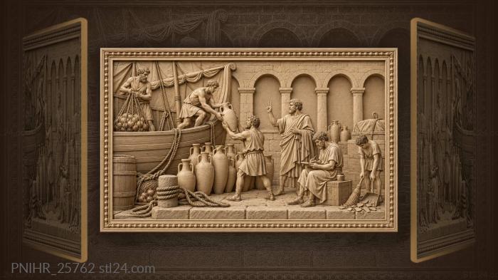 Ancient port unloading amphorae bustling scene 3d STL model