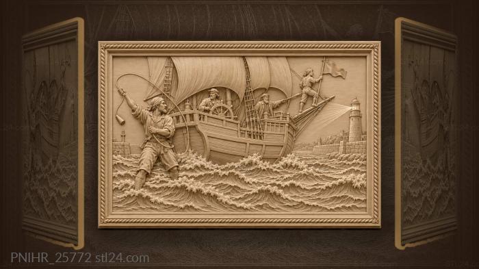Caravel entering harbor with lighthouse beam 3d STL model