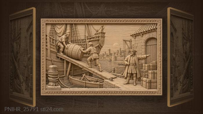 Sunrise harbor loading a barrel 3d STL model