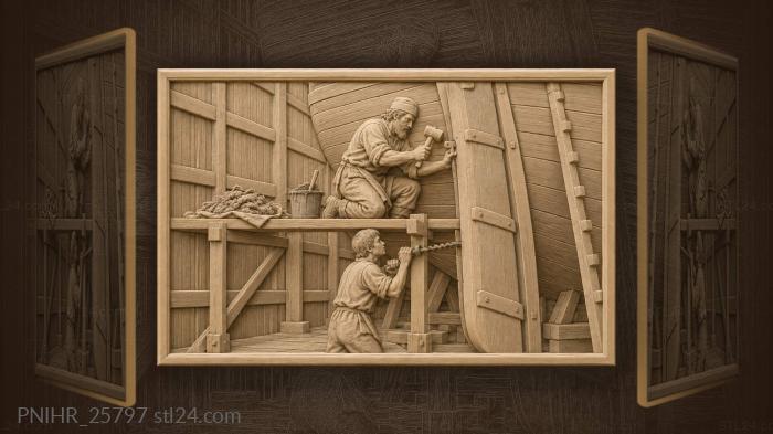 Shipwright drives peg into caravel rudder 3d STL model