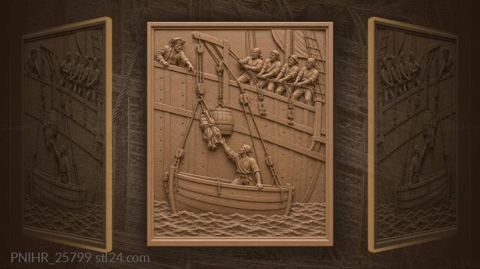 Sailors lower longboat beside hanging water cask 3d STL model