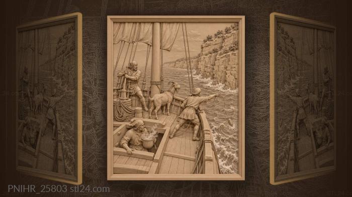 Sailing ship rounding rocky headland 3d STL model