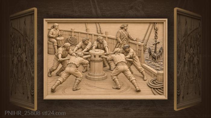Sailors turn capstan to raise anchor 3d STL model