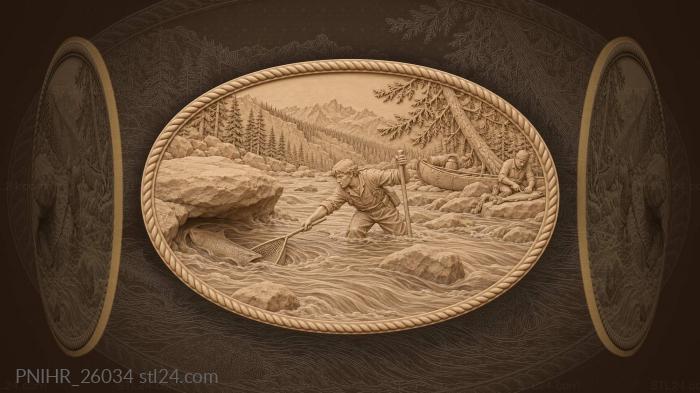 Fisherman nets taimen beside altai boulder 3d STL model