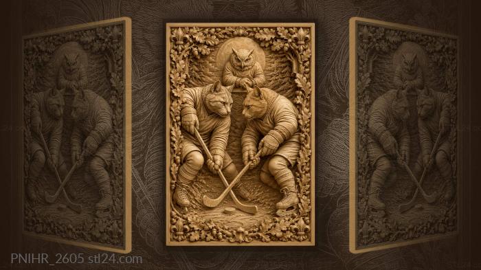 Hockey cats under watchful owl 3d STL model