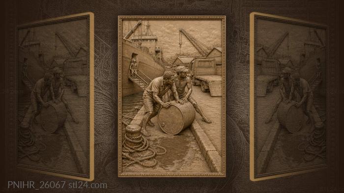 Two dockers rolling drum along quay 3d STL model