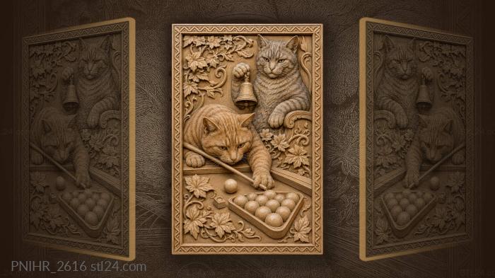 Cats playing billiards leafy design 3d STL model