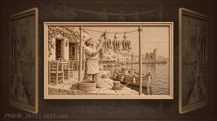 Paros harbor octopus drying scene 3d STL model