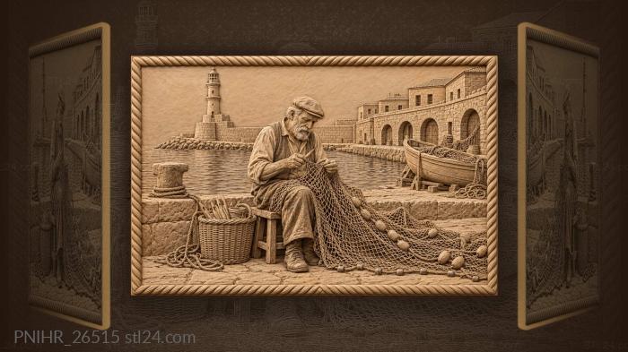 Old fisherman mending net chania harbor 3d STL model