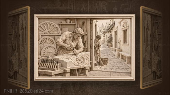 Mason shapes a scroll on a slab 3d STL model