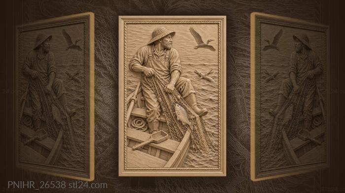 Fisherman hauling net with bream 3d STL model