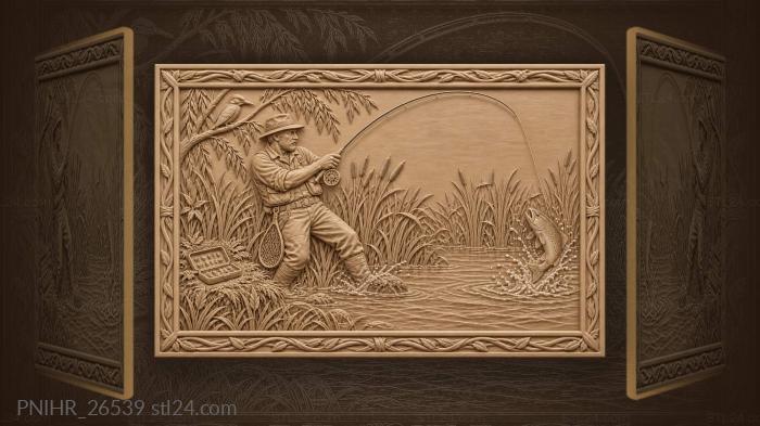 Kingfisher above the fly rod and trout 3d STL model